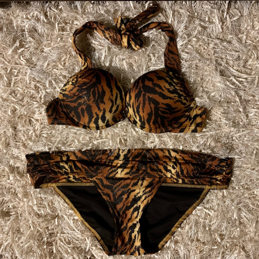 Vintage Victorias Secret Shimmering Tiger Print Swimsuit Bikini